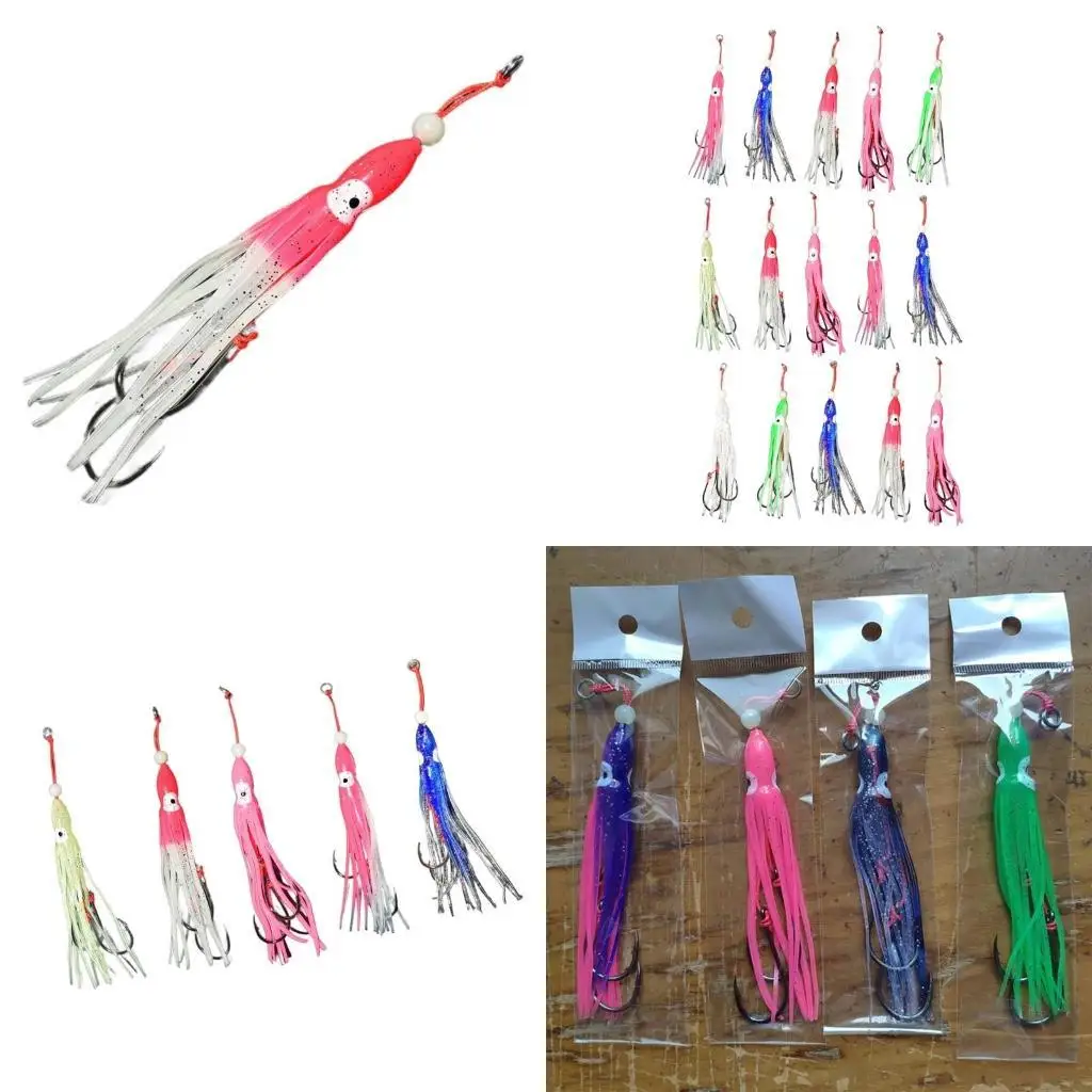 

652F 5Pcs Saltwater Baits with Hook Octopuses Skirt Trolling Swimbait Soft Glowing Octopuses Trolling Fishing Squid Lures