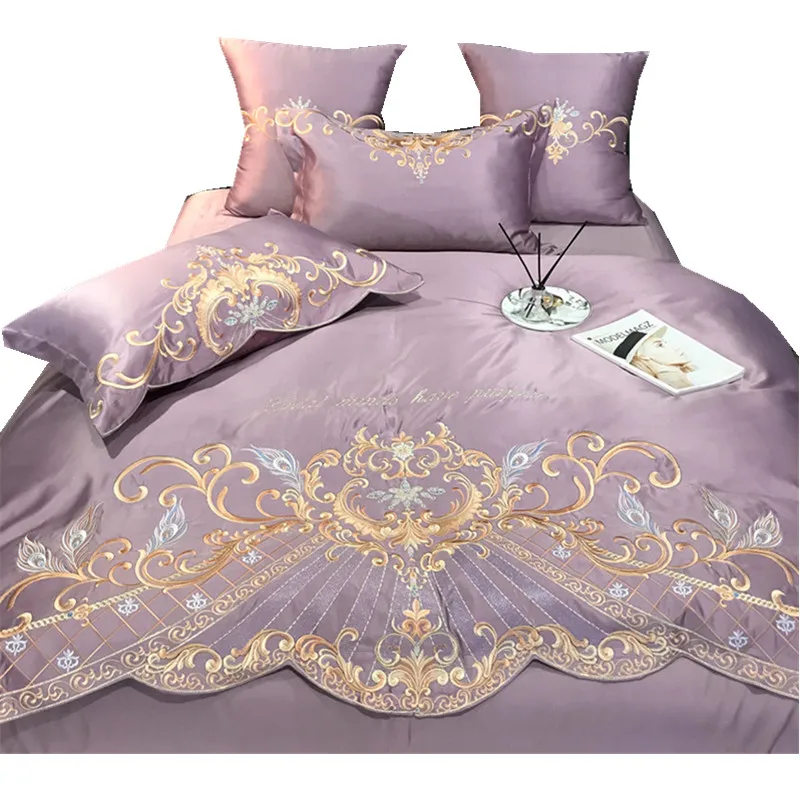 4Pcs European Style Pure Cotton High-end Luxury Embroidery Wedding Silk Wedding Bedding Duvet Cover 200x230 220x240 Four Seasons