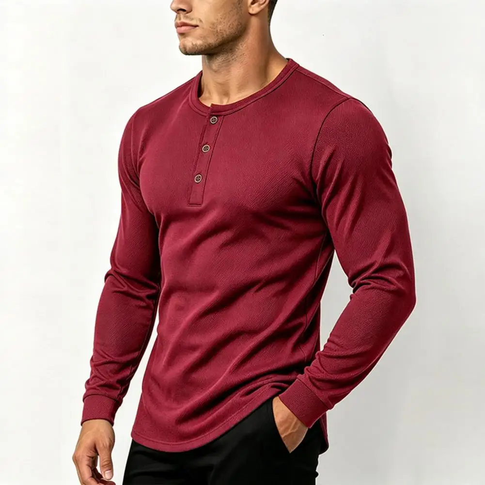 Men's Long Sleeve Pullover Shirt, 3 Button Placket Quick Dry Athletic Top, Regular Stylish Mens Basic Shirts for Fall Daily Wear