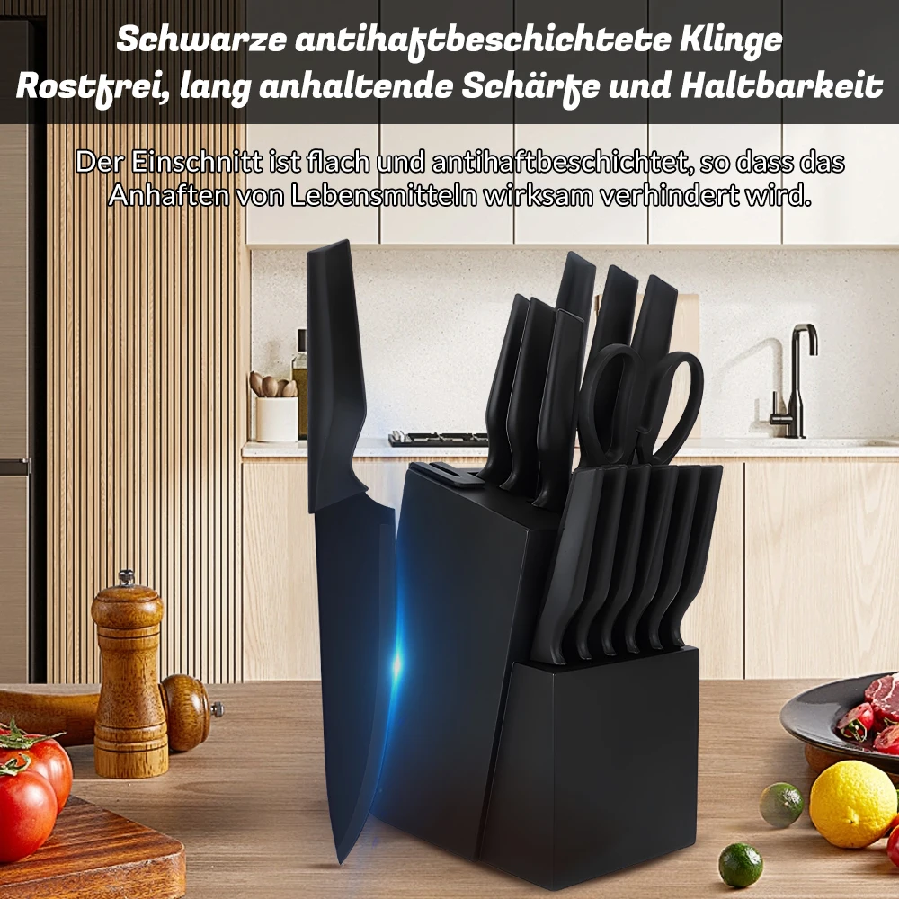 14-teiliges schwarzes Antihaft-Küchenmesserset aus hochwertigem Kohlenstoffstahl mit Kochmesser, Brotmesser, Allzweckmesser, Schälmesser, Messerblock und integriertem Messerschärfer sowie Küchenschere – Detail 8