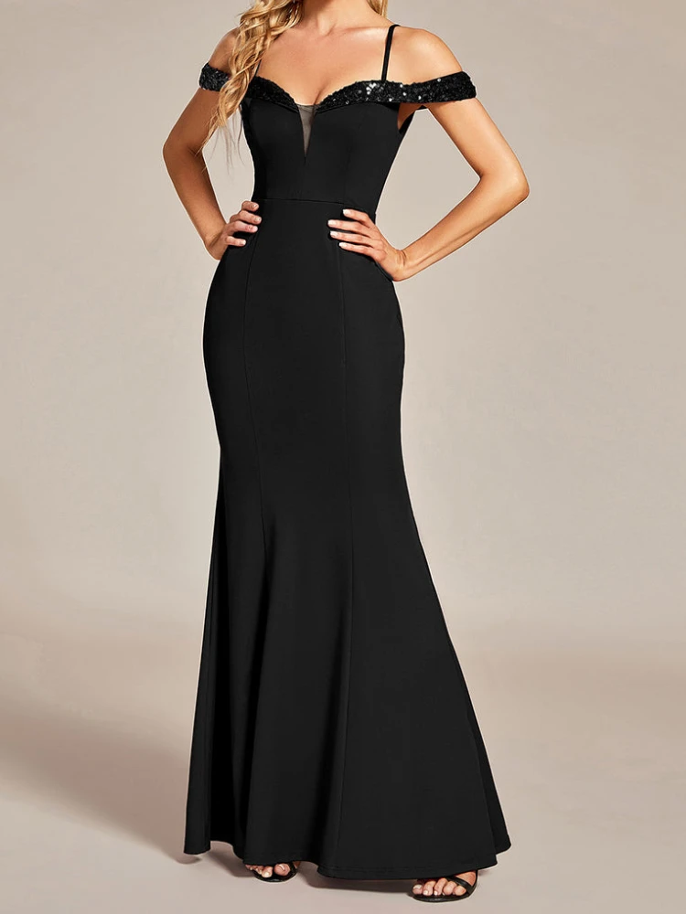 

Sexy Slim Long Mermaid Long Evening Dresses High End Luxury Spaghetti Straps Slash Neck Sequin Prom Vestidos Simple Solif Robe