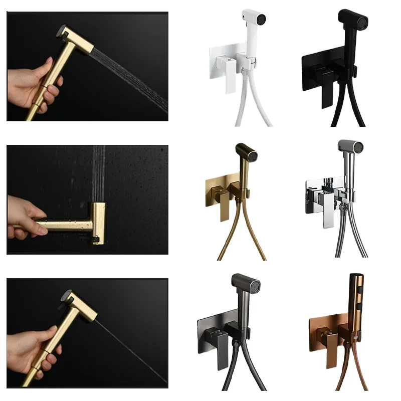 

Brushed Gold Wall-Mounted Bidet Sprayer Set Solid Brass Shattaf Shower Mixer Hot/Cold Faucet for Premium Bathroom Hygiene