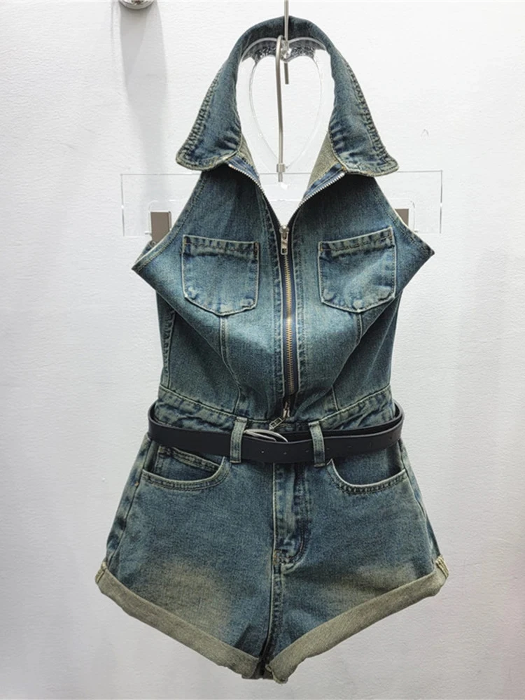 

2024 Summer New POLO Collar Sleeveless Single Breasted Vest+high Waisted Rolled Edge Wide Leg Shorts Women's Denim Suit