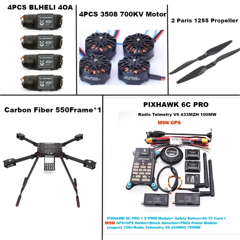 F550 Hexa Frame PIXHAWK 6C PRO M8N/M9N/M10 Flight Control Carbon Ardupilot Radio Telemetry Quadcopter 40A ESC 3508 700KV Motor
