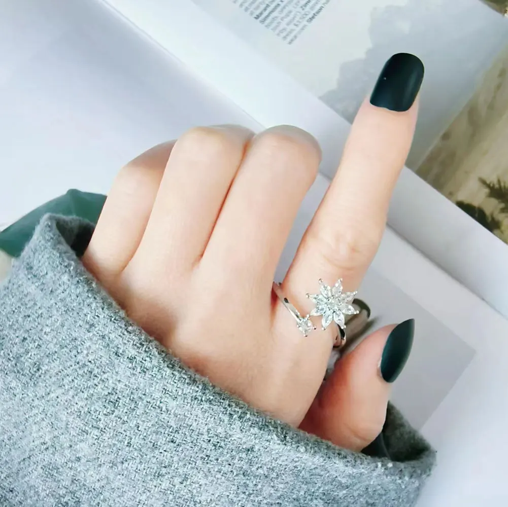 Mode Kristall Rotierenden Angst Entspannende Zappeln Ringe Für Mädchen Pflanze Blume Sorgen Stress Relief Ring Finger Anillo Antiestres