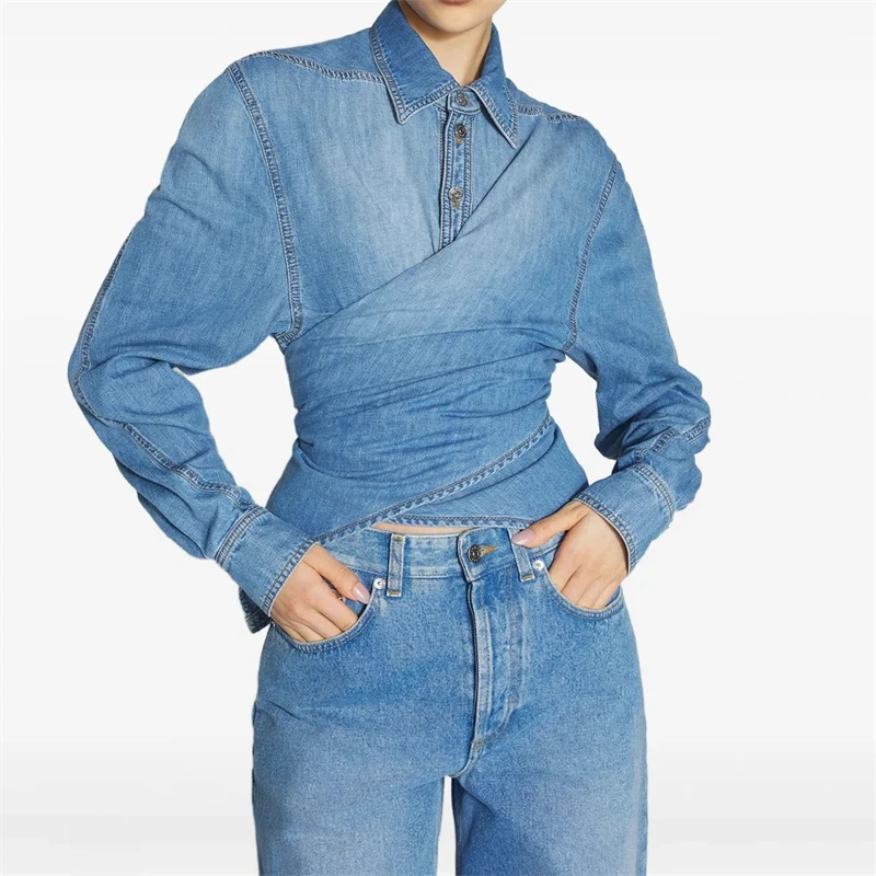 Veste en jean à revers et cravate croisée pour femme, haut en denim à simple boutonnage, y2k, de haute qualité, à la mode et élégante, en pur coton lavé, nouvelle collection automne