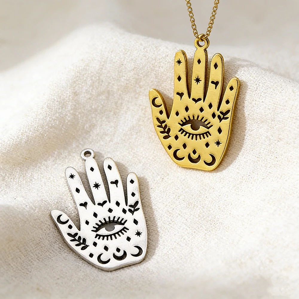 5pcs Stainless Steel Eyes Charm Pendant Gold Color Hollow Hand Palm Shape Necklace For DIY Jewelry Making Earrings Accessories