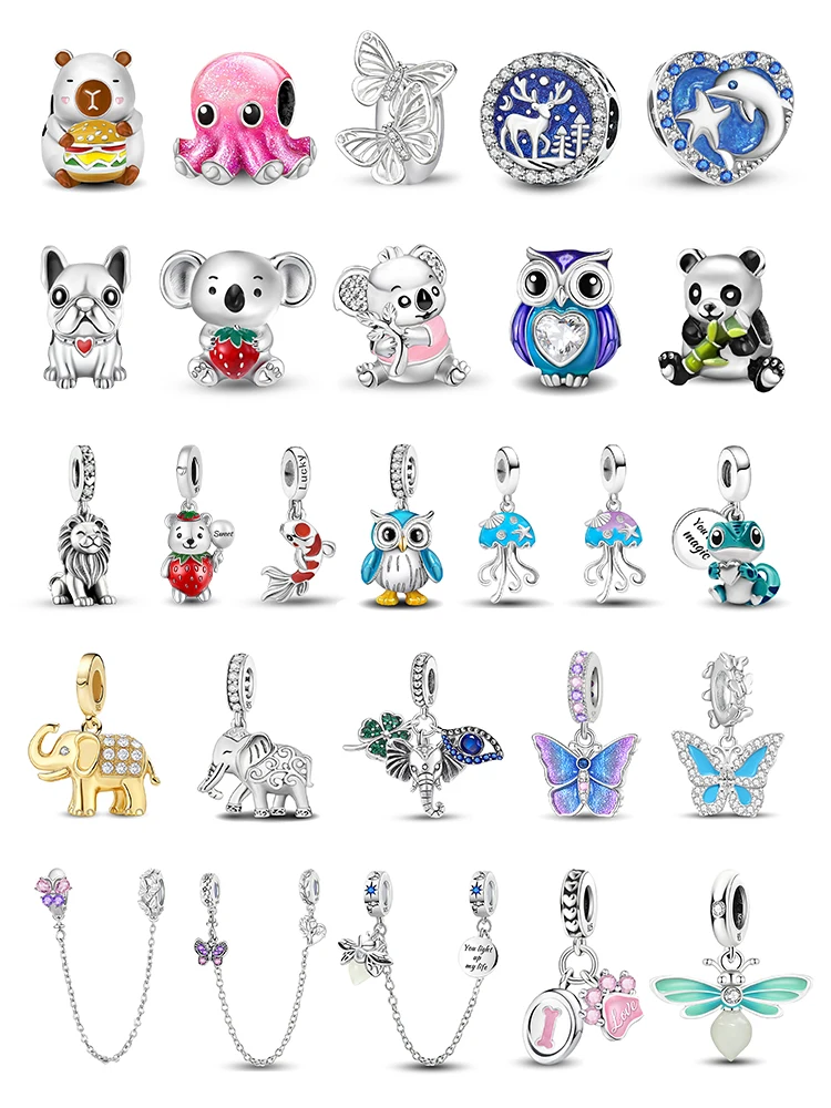 

925 Sterling Silver Owl Panda Elephant Dog Butterfly Cute Charms Beads Fit Original Pan Bracelet Bangle High Quality DIY Jewelry