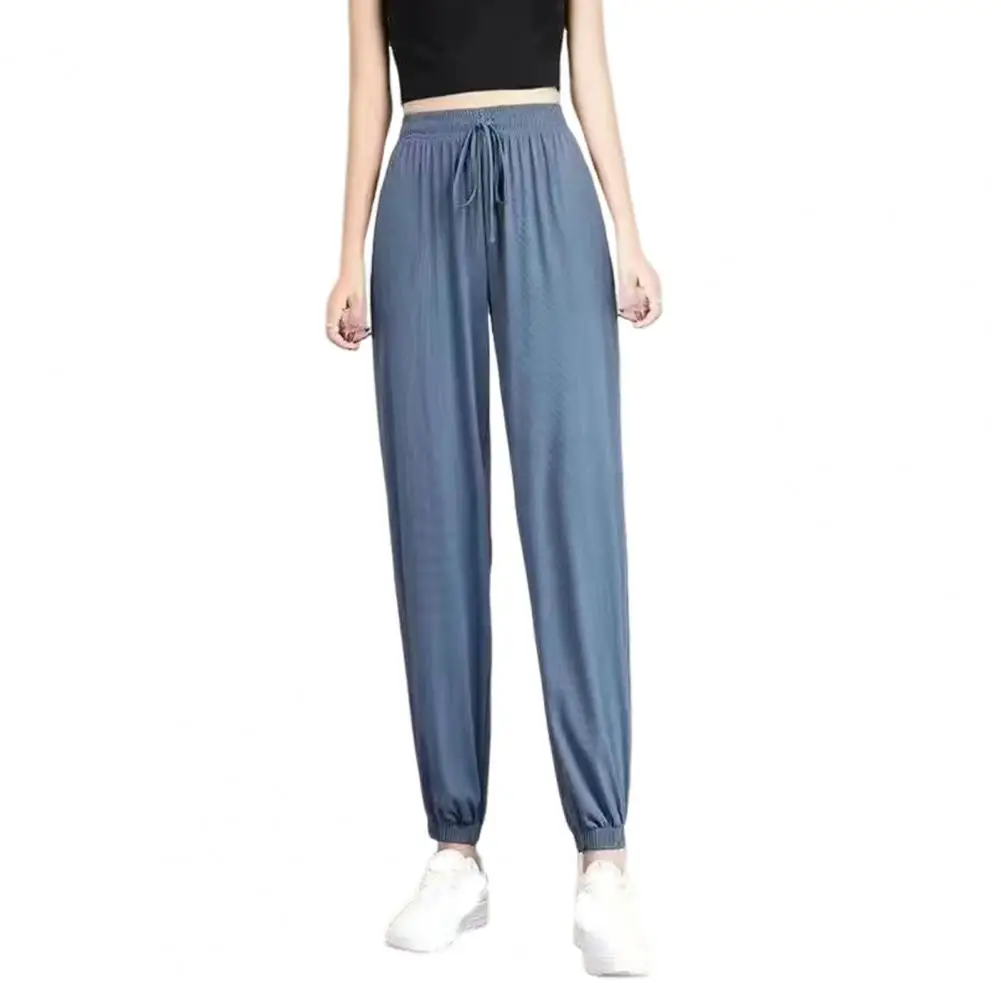 Summer Thin Ice Silk Sports Pants Women Elastic Drawstring Waist Pockets Casual Sweatpants Solid Color Loose Fitness Pants