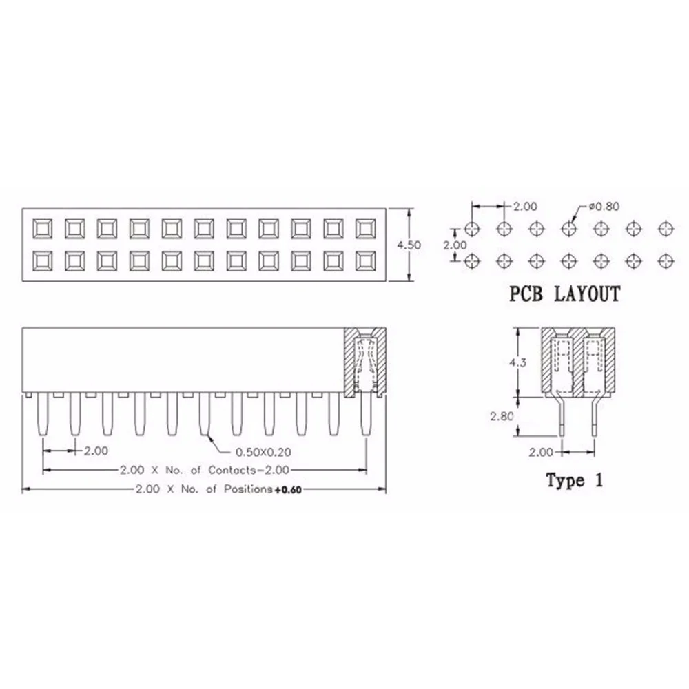 20個2mm 2.0ピッチ2x1326ピンメスデュアルストレートヘッダーソケット