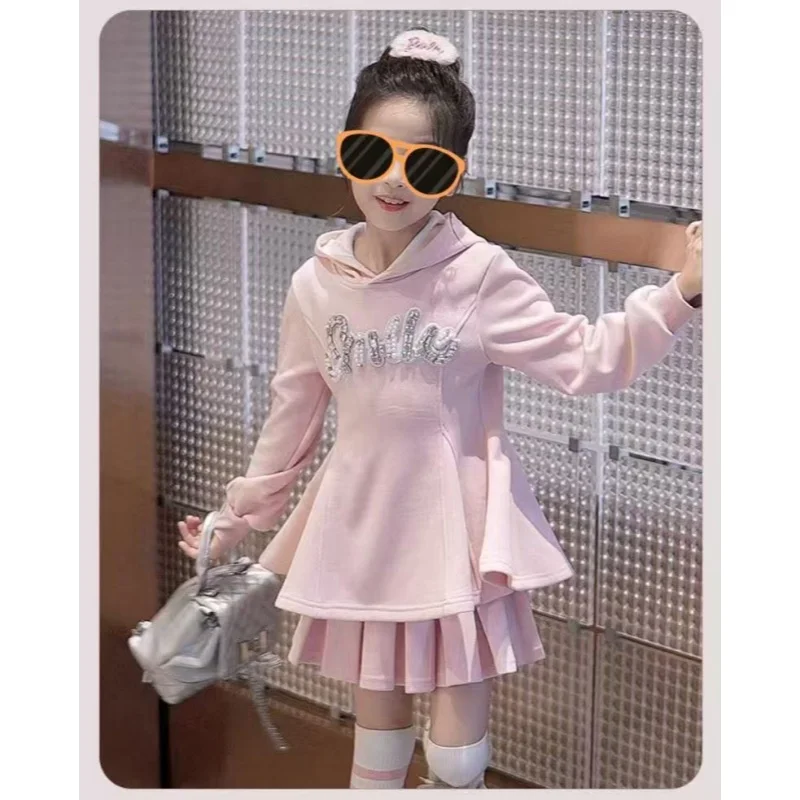 2026 Spring Girls Set Clothes Teenager Smile Pearl Slim Hooded Sweatshirts Top + pleated Skirt 4 6 7 8 9 10 11 12 14 year