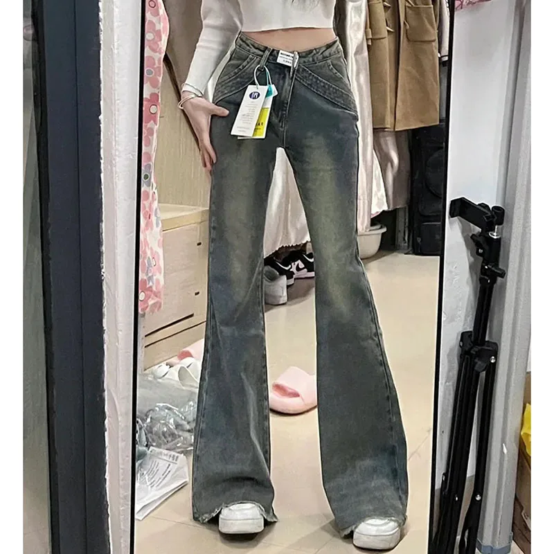 

American Style Female Retro Micro Flare Cowboy Trousers Spring Women High Waisted Draping Horse Hooves Floor Mopping Denim Pants