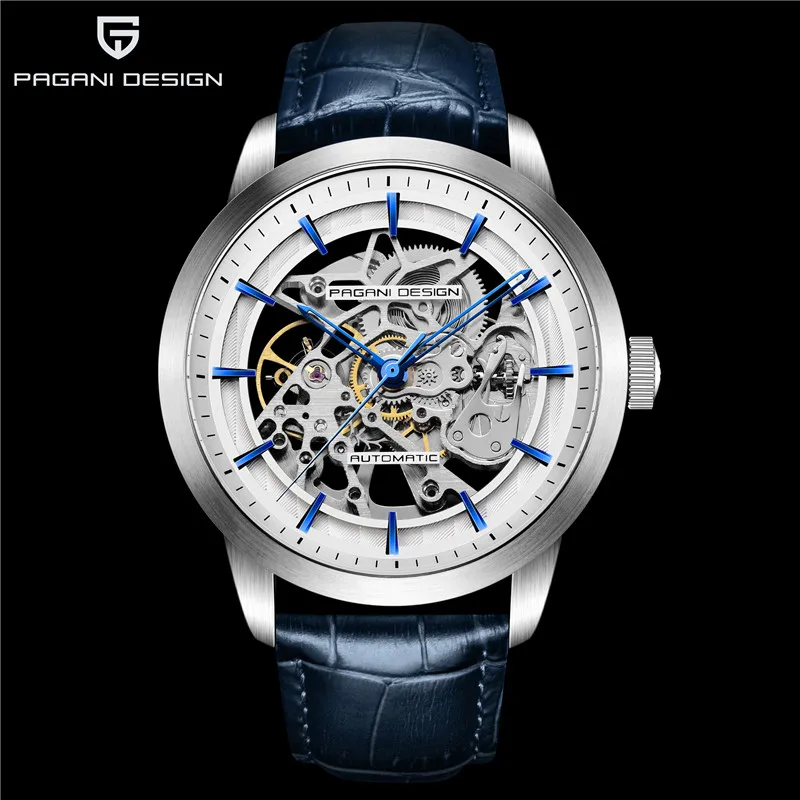 

PAGANI DESIGN Automatic Mechanical Blue Genuine Leather Male Wristwatch Waterproof Top Brand Luxury Army Skeleton Men Watch 1638