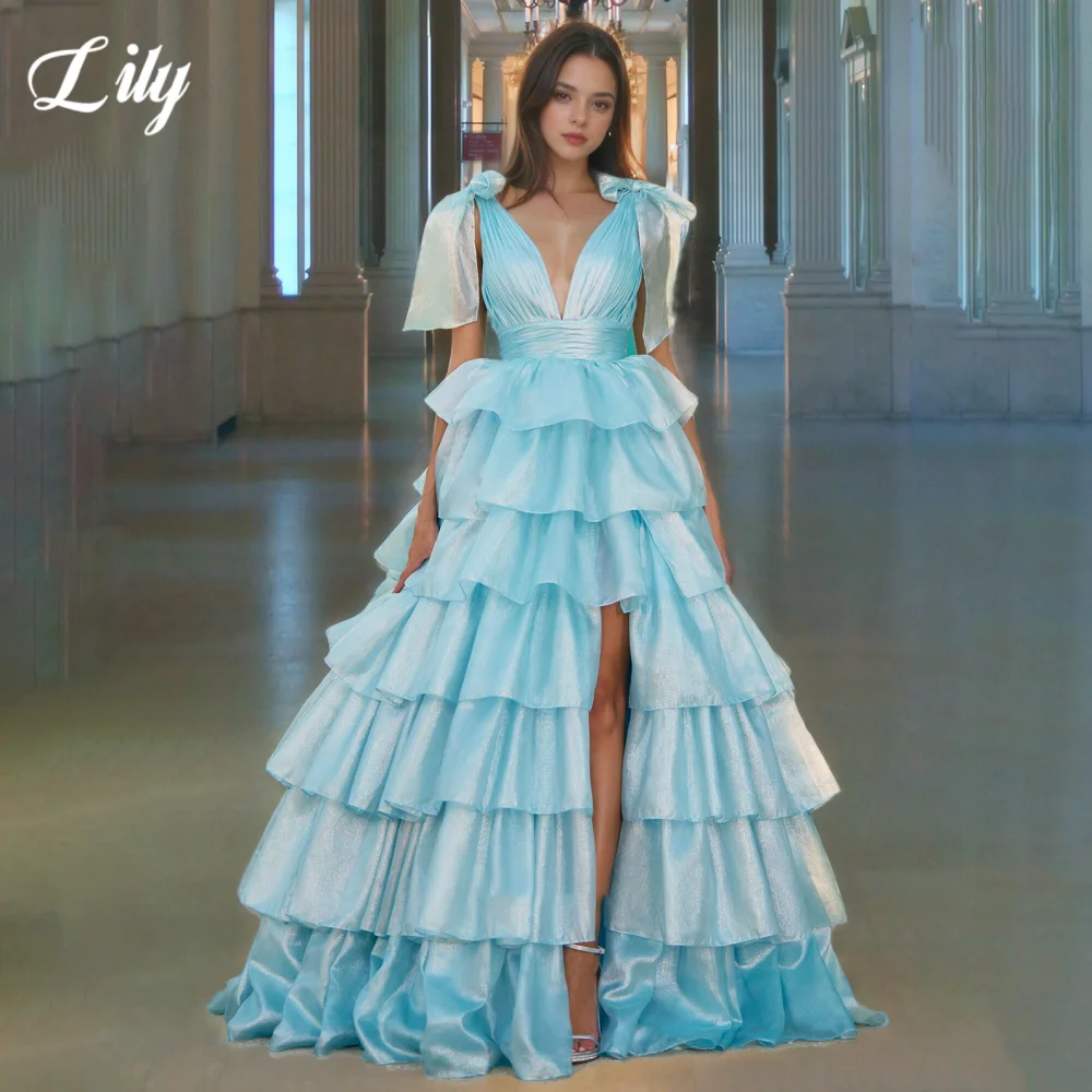 

Lily Sky Blue Elegant Evening Dresses Deep V-Neck Backless Prom Gown Organza Side High Split Party Dress for Woman Customized