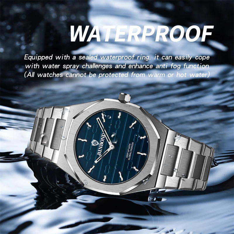 BINBOND Men Watch Light Luxury Brand Stainless Steel Men\'s octagon Waterproof Male Business Leisure Fashion Quartz Clock Watches