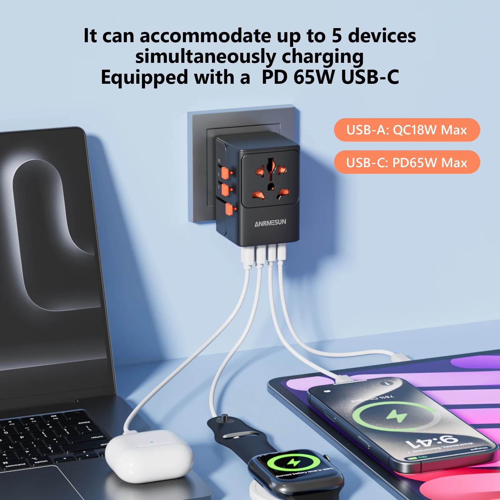 Universal Travel Adapter with 4 AC Outlets Max 2400W 2 USB Port 2 Type-C PD 65W Ports All-in-One Fast Charging EU UK US AUS Plug
