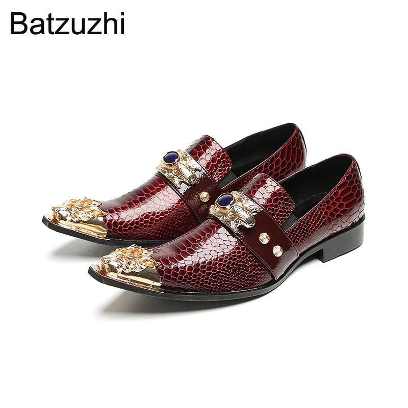 

Batzuzhi Luxury Men's Business, Party and Wedding Shoes Man Wine Red Formal Genuine Leather Dress Shoes Man Slip on Flat Heels