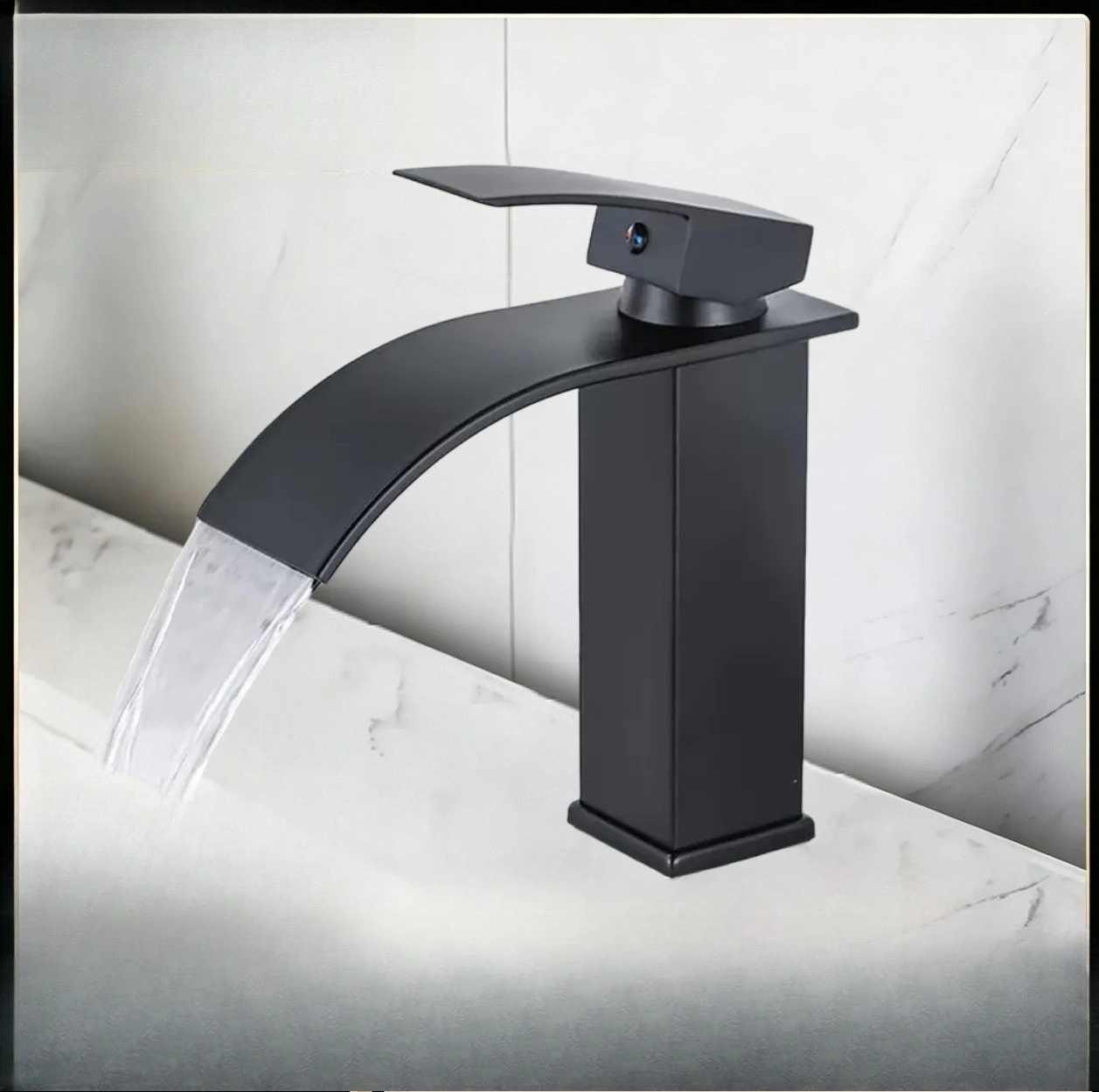 Nordic Black Waterfall Hot & Cold Basin Faucet, Anti‑Splash Vessel Sink Tap for Bathroom Vanity Cabinet