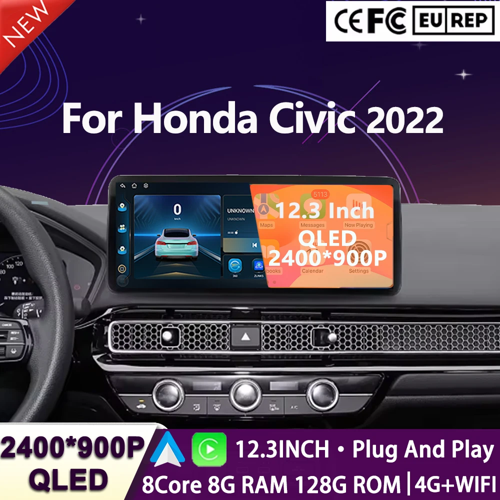 

12,3-дюймовый QLED-экран Автомобильный радиоприемник для Honda Civic 2022 Android Восьмиядерный автомобильный стерео без 2din DVD GPS-навигация Carplay Tools DSP