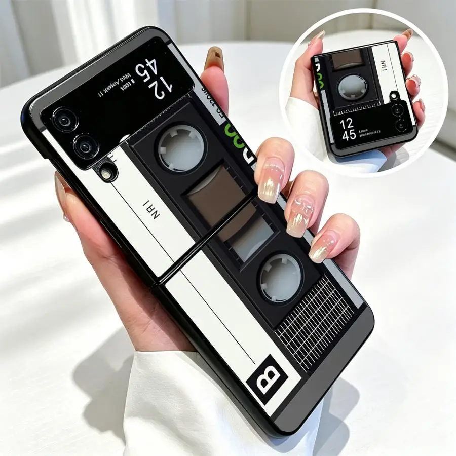 Grid Cassette Tape Back Phone Cover Funda Case for Samsung Galaxy Z Flip 8 Z Flip 7 6 5 4 3 Flip3 Flip5 Flip6 Z Fold 8 7 6 5 4 3