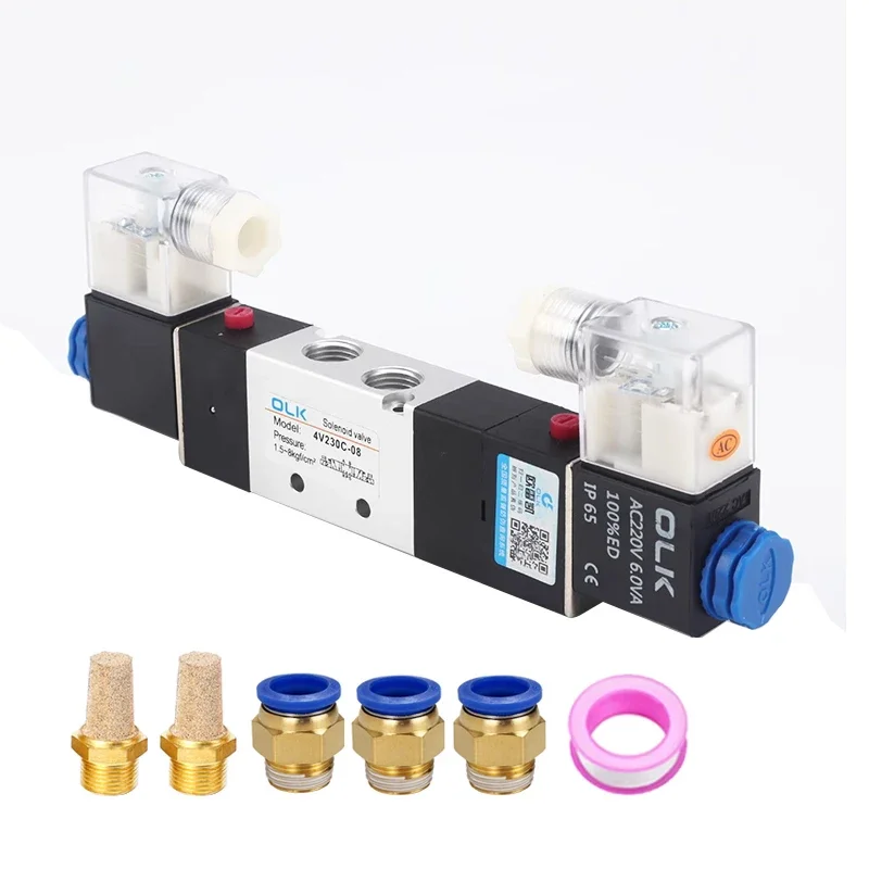 

4V230-08 5 Way 3 Position 1/4" Pneumatic Solenoid Valve DC12V DC24V AC110V AC220V With 4 6 8 10 12mm Fittings Connector