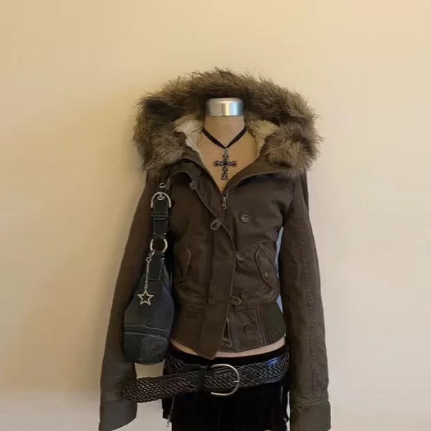 

2025 Autumn New Fur Collar Hooded Jacket European and American Fashion Exquisite Short Jacket Women's Velvet Thickening