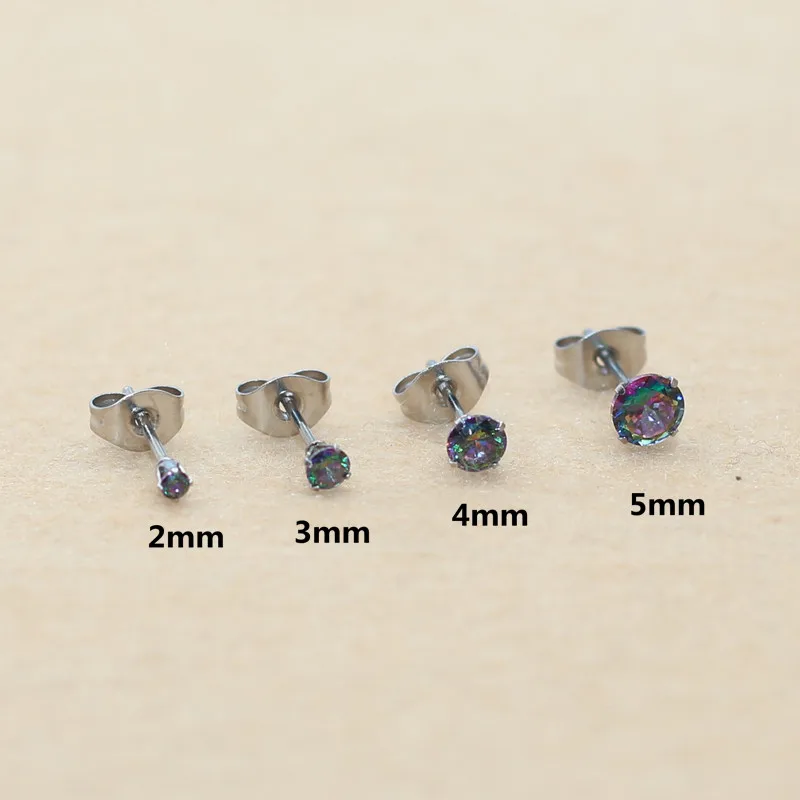 Size From 2mm To 5mm 316 L Stainless Steel With Round Colorful Zircons Women Men Stud Earrings For Men And Women