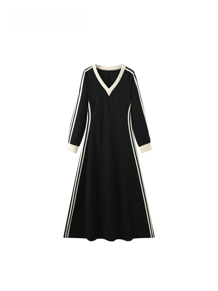 

Свободное повседневное платье с V-образным вырезом и длинными рукавами для женщин больших размеров, весенняя модная коллекция, в студенческом стиле, с высокой талией, А-силуэт, из полиэфирного волокна