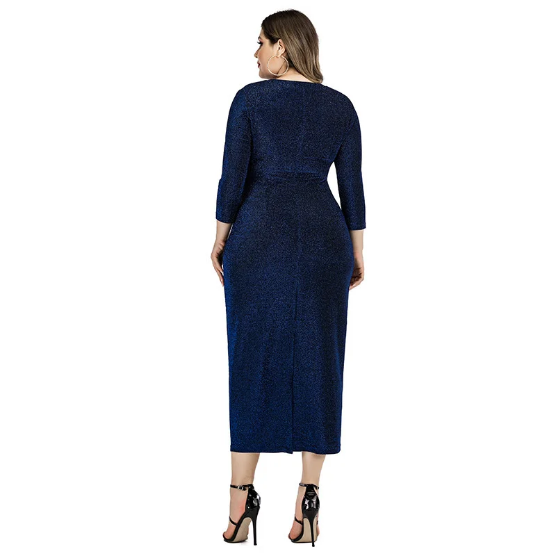 Plus Size Women Party Dresses 2023 Fashion New Long Sleeve V-Neck Elegant Evening Dress Casual Solid Color Back Split Long Dress