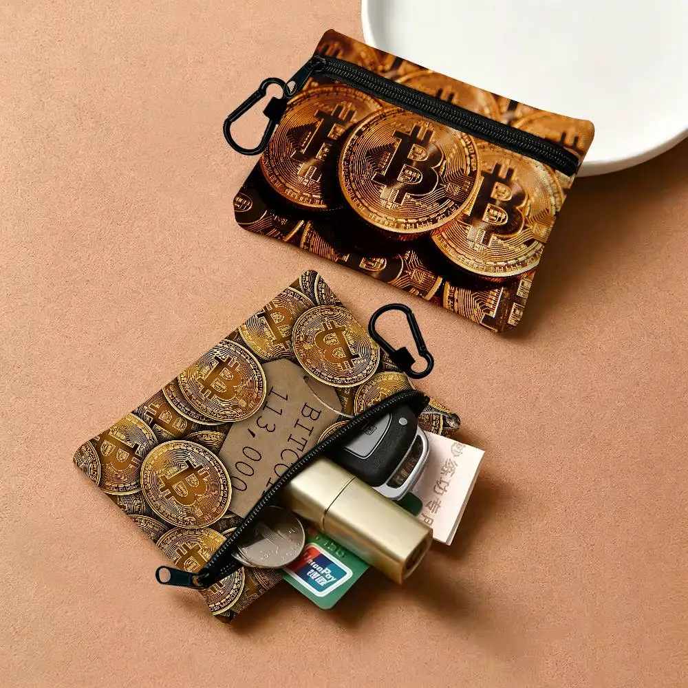 Popular B-Bitcoin Logo Portable Mini Oxford Cloth Coin Purse With Carabiner Hook Zipper Key Card Earphone Storage Wallet