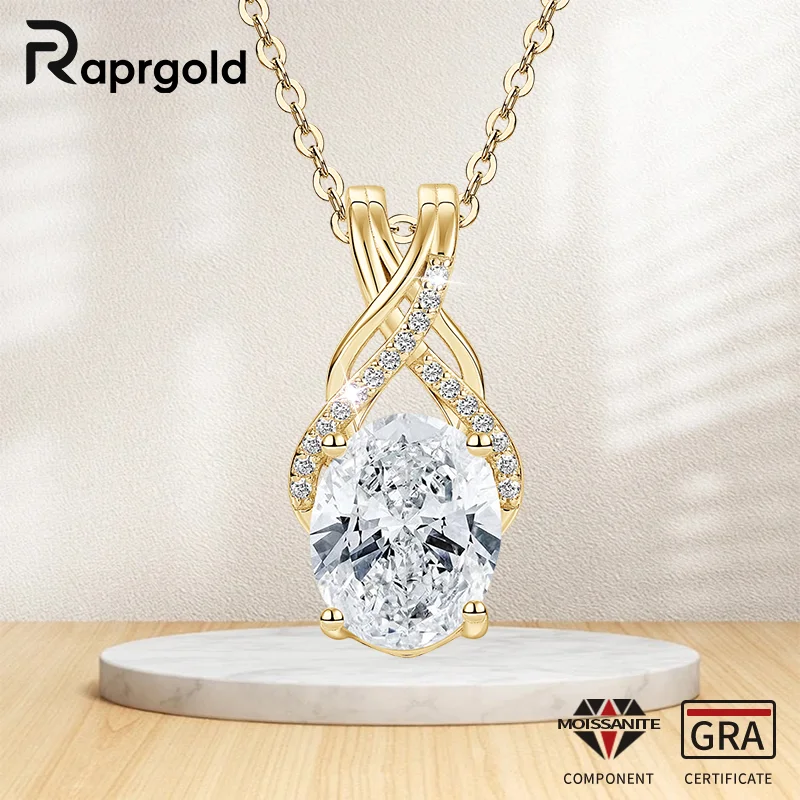 

RAPRGOLD GRA Certified 3CT Oval Cut Moissanite Pendant Necklace for Women S925 Sterling Silver Chain Wedding Fine Jewelry Gifts