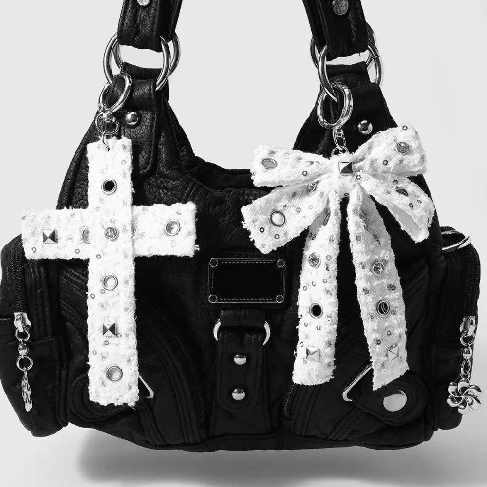Fashion Star Rivet Bow Keychain Ribbon Punk Cross Pendant Leopard Print Gothic Y2K Keyring Backpack Decor