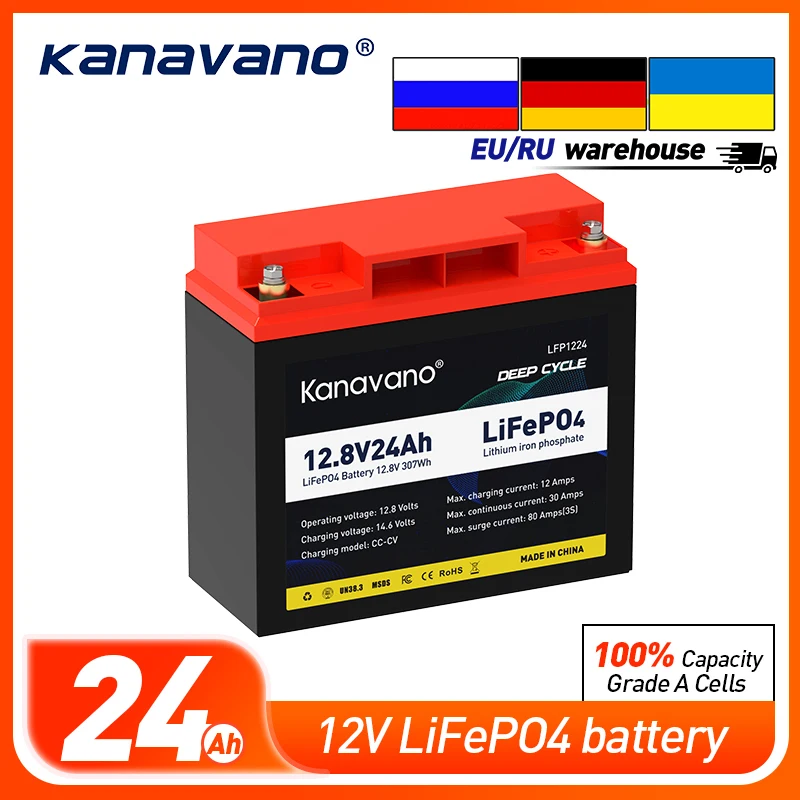 Kanavano Rechargeable 12v 24Ah Lifepo4 Battery Pack For Solar Energy Storage Systems Deep Cycle Battery With 4A EU/US Charger