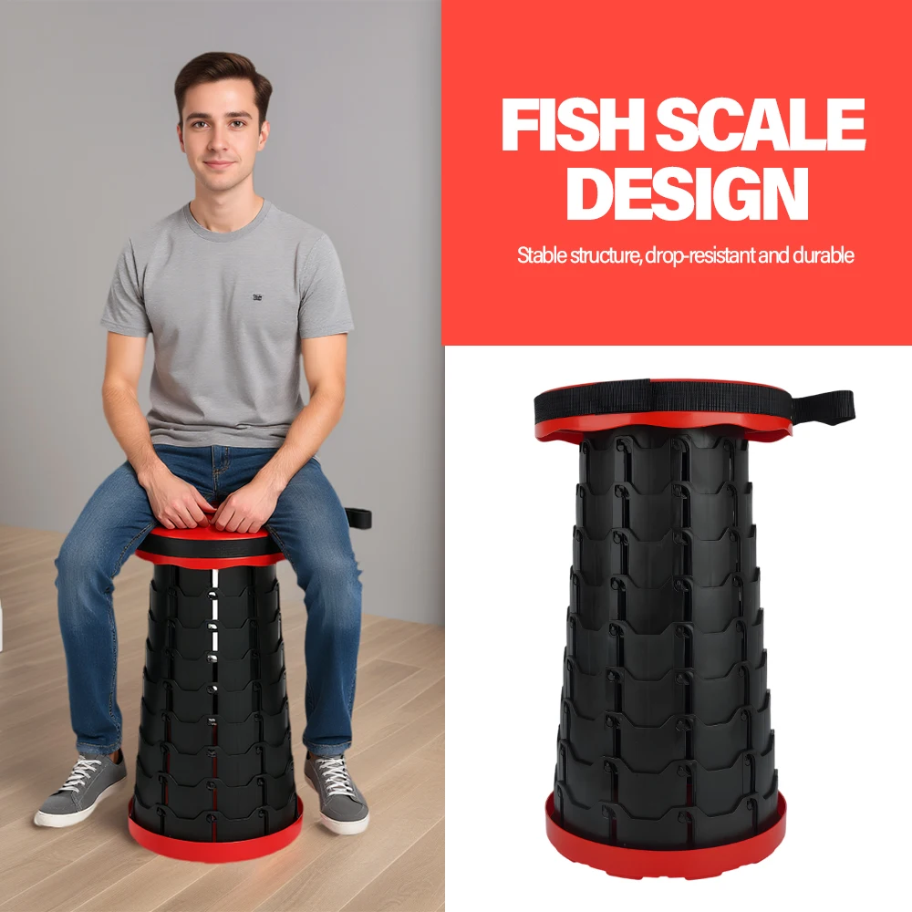 Tabouret pliant réglable en hauteur de 6,5 à 45 cm, capacité de charge de 180 kg, structure de verrouillage robuste à écailles de poisson, sangle de transport en nylon, portable, diamètre de 26 cm, léger (1,13 kg), multi-usages pour la pêche, le camping, la randonnée, le jardinage, les voyages, la maison, le bureau