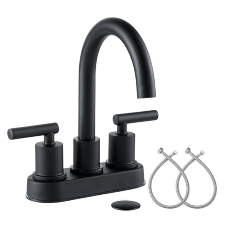 

Bathroom Sink Faucet 4 Inch 2 Handle Centerset Utility Lavatory Vanity Modern 360 Rotating Black Water Faucet with Pop-up Drain