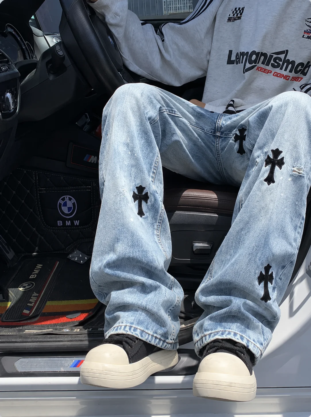 American Style Cross Print Jeans Men's Casual Straight High Street Trendy Loose Long Pants Unisex Low Waist Washed Denim