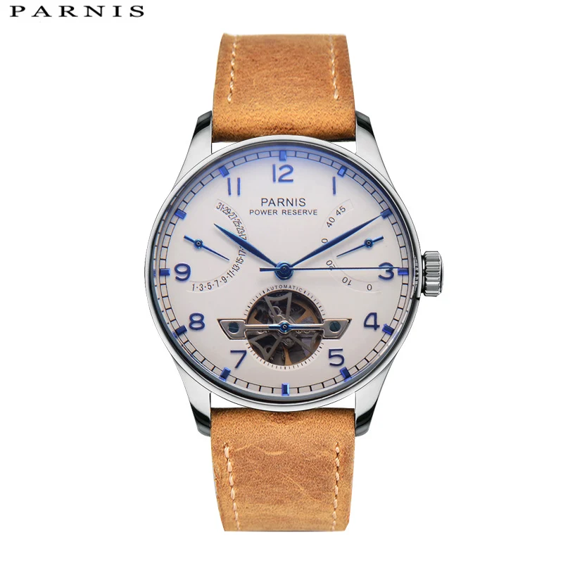 Fashion Parnis 43mm White Skeleton Dial Automatic Mechanical Men's Watch Leather Strap Power Reserve Tourbillon Men Watches Gift