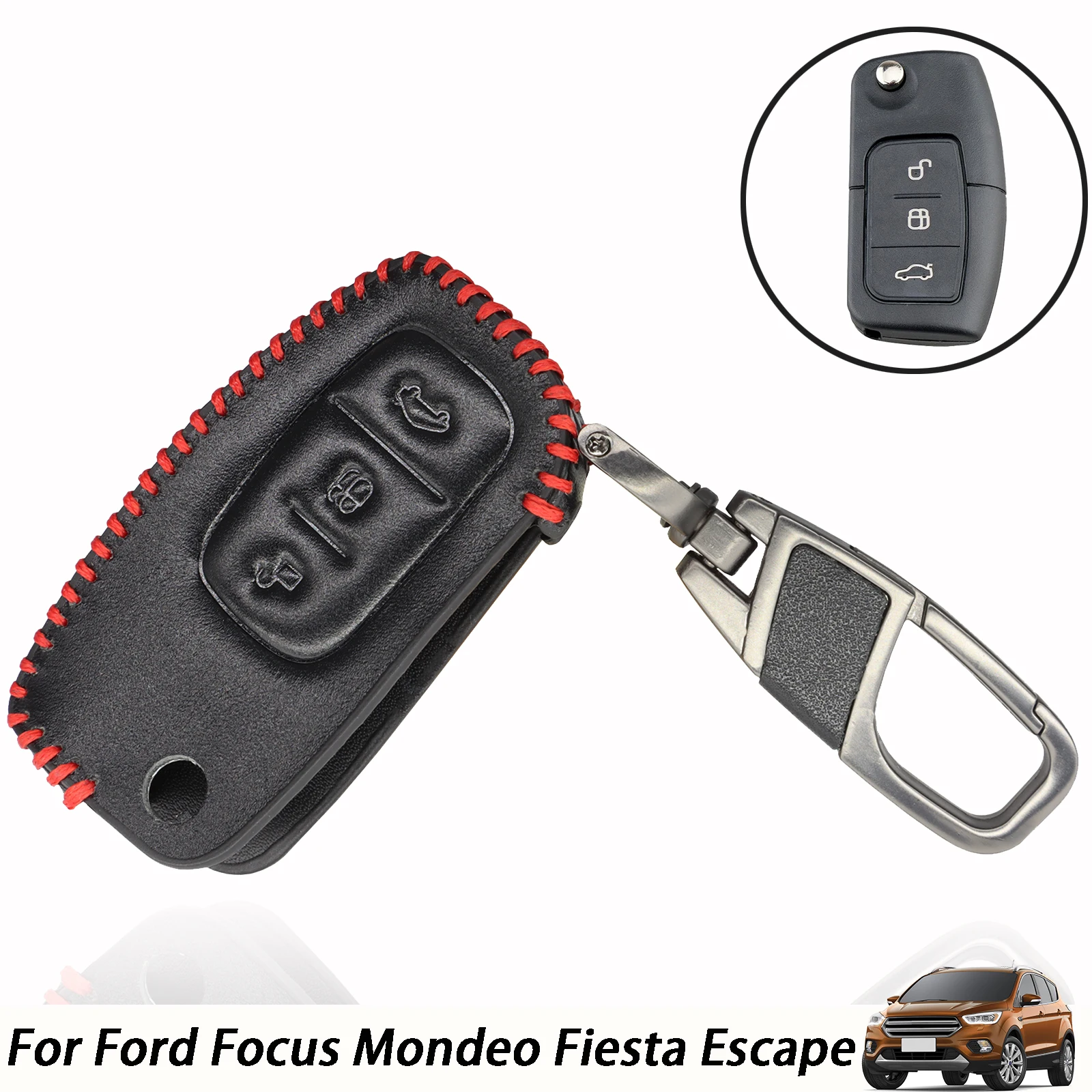 3 Buttons Flip Key Case Cover for Ford Focus Fiesta Focus Ecosport Kuga Escape Car Key Fob Shell leather Protector w/ Keychain