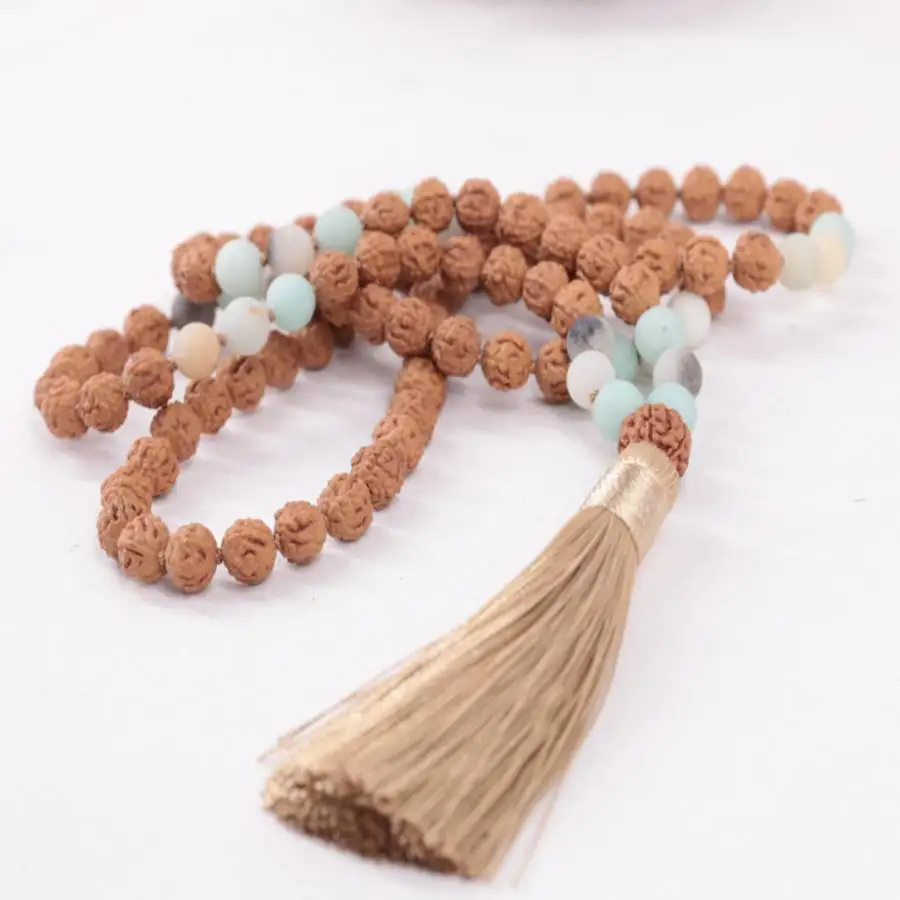 Natural Rudraksha 108 Beads Mala Necklace with Amazonite & White Jade Spacers view 3