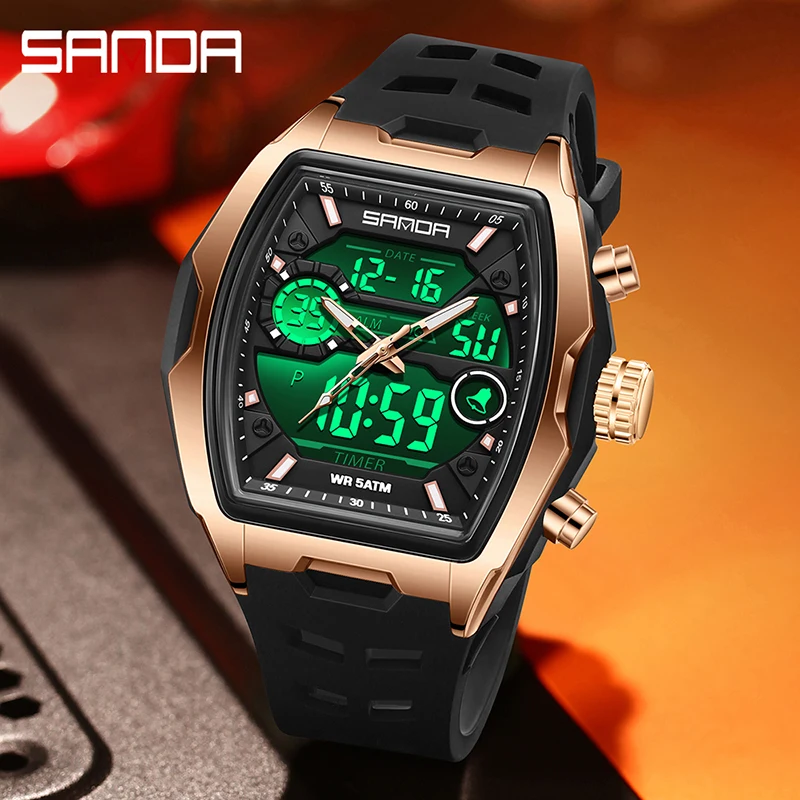 SANDA 6235 Мужские электронные часы с большим циферблатом, спортивные светодиодные аналоговые цифровые хронографы, военные мужские наручные часы с двойным дисплеем 2025