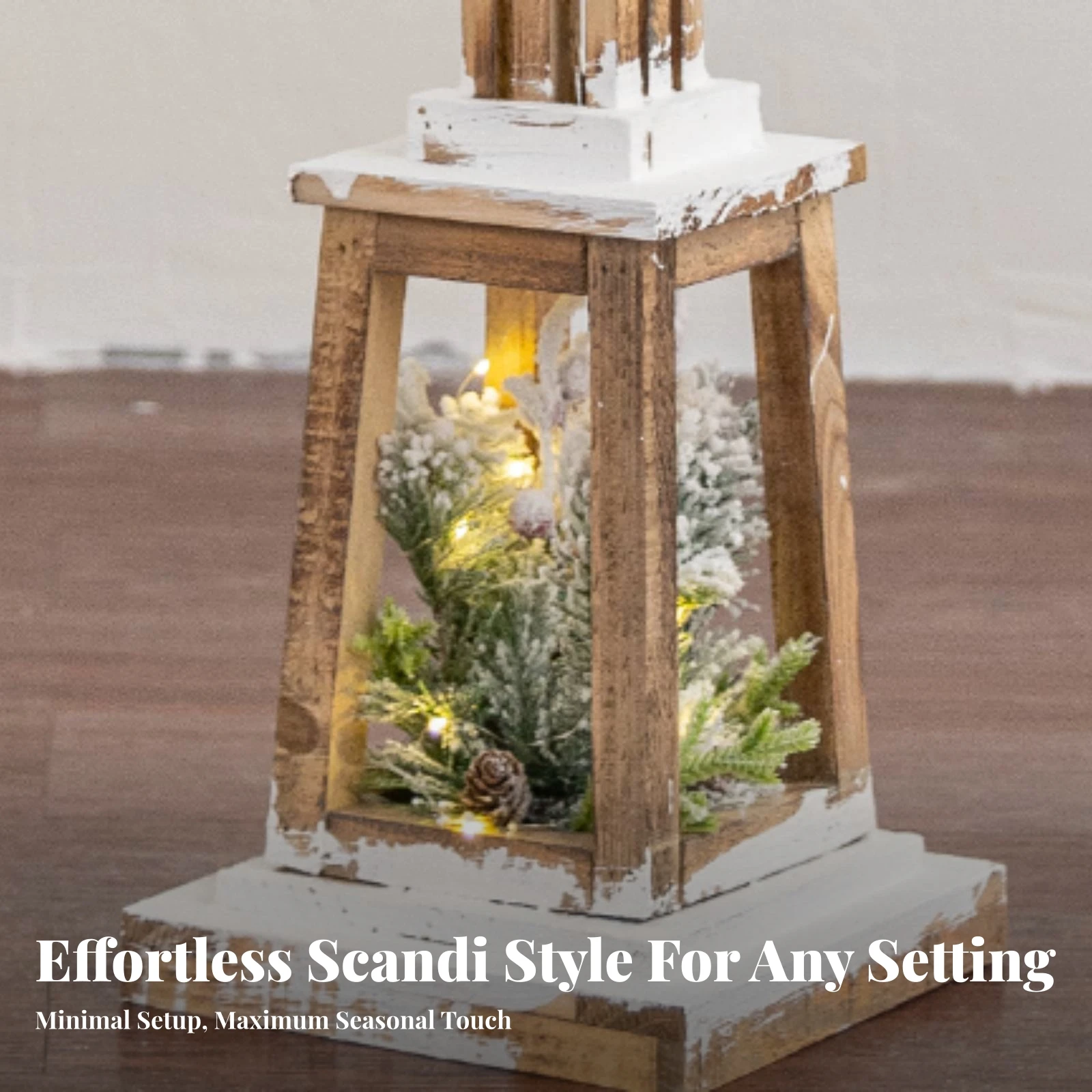 Wooden Lantern with LED Lights Decorative Christmas Lantern Holiday Floor Lamp Warm White Cozy for Indoor, Shop Displays
