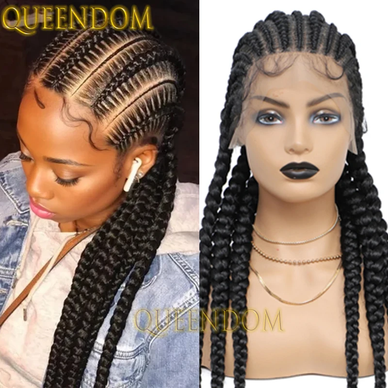 Full Lace Synthetic Box Braided Wig 36 Inch Jumbo Crochet Cornrow Plait Braids Wig Knotless Heat Resistant Dutch Twins Braid Wig