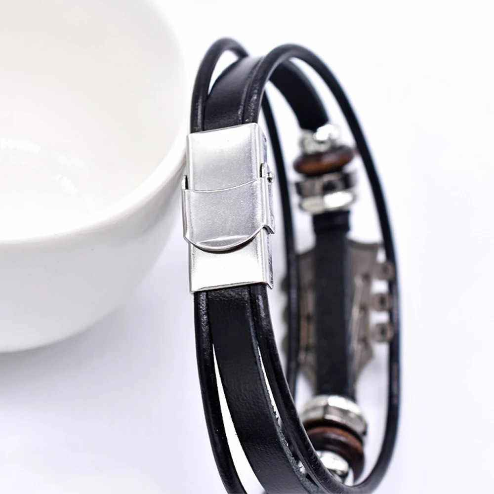 Retro Faux Leather Guitar Bracelet, Punk Rock Music Guitar Genuine Leather Bracelet, Handmade Braided Multi-Layer Wrap Bracelet image 6