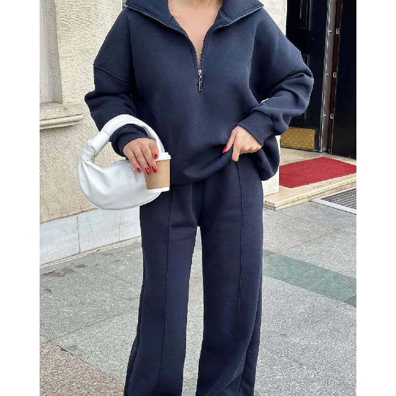 

Outdoor Casual Women'S Fashion Semi Open Collar Hoodie, Long Pants Two-Piece Loose Autumn And Winter Set