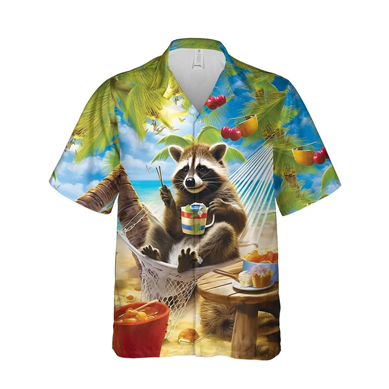 Funny Animal Raccoon 3D Print Beach Shirts For Men Procyon Lotor Lover Short Sleeve Bear Lapel Blouse Hawaiian Boy Button Tops