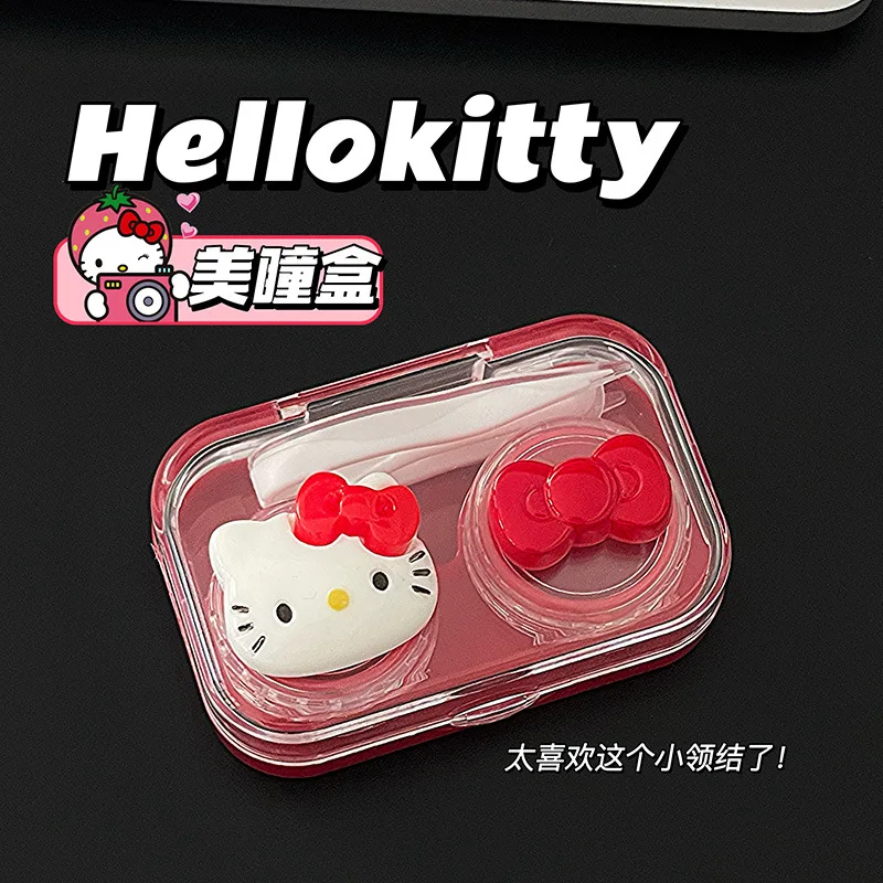 Sanrio casing lensa kontak Hello Kitty, sarung lensa kontak minus portabel kartun merah transparan Kawaii untuk hadiah perjalanan