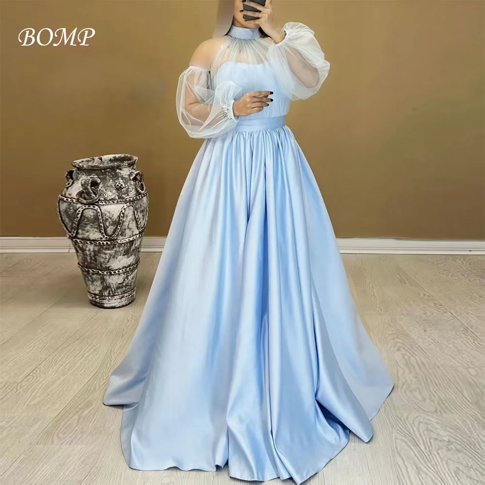 Elegancka niebieska suknia ślubna BOMP, wysoki dekolt, iluzja, pełne rękawy, drapowana, długa do podłogi, satynowa suknia wieczorowa dla panny młodej, szyta na miarę.