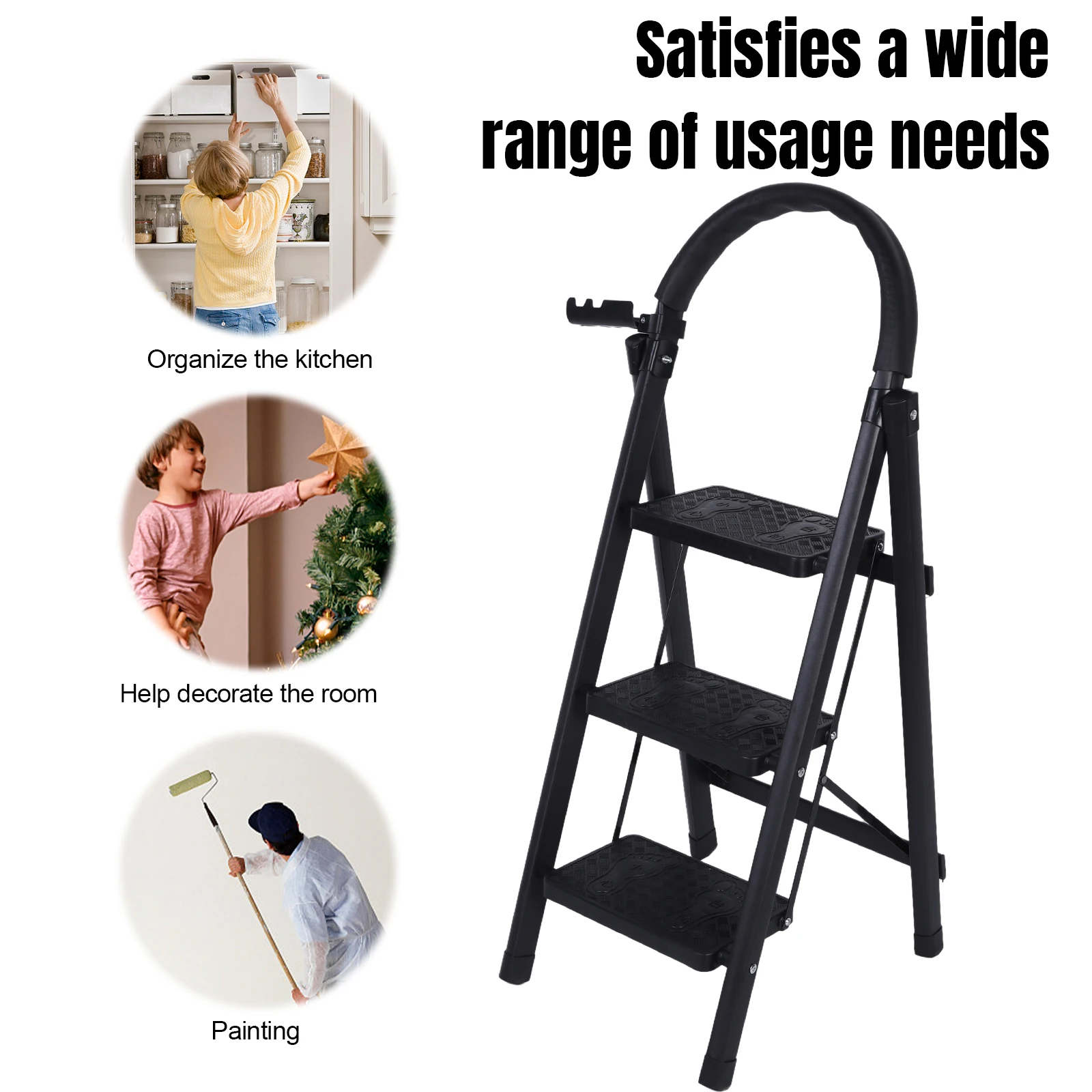 3 Step Folding Ladder Sturdy& Portable Stepping Stools 300 Lbs Load Capacity Wide Platform Steps for RV Attic Daily Use at Home