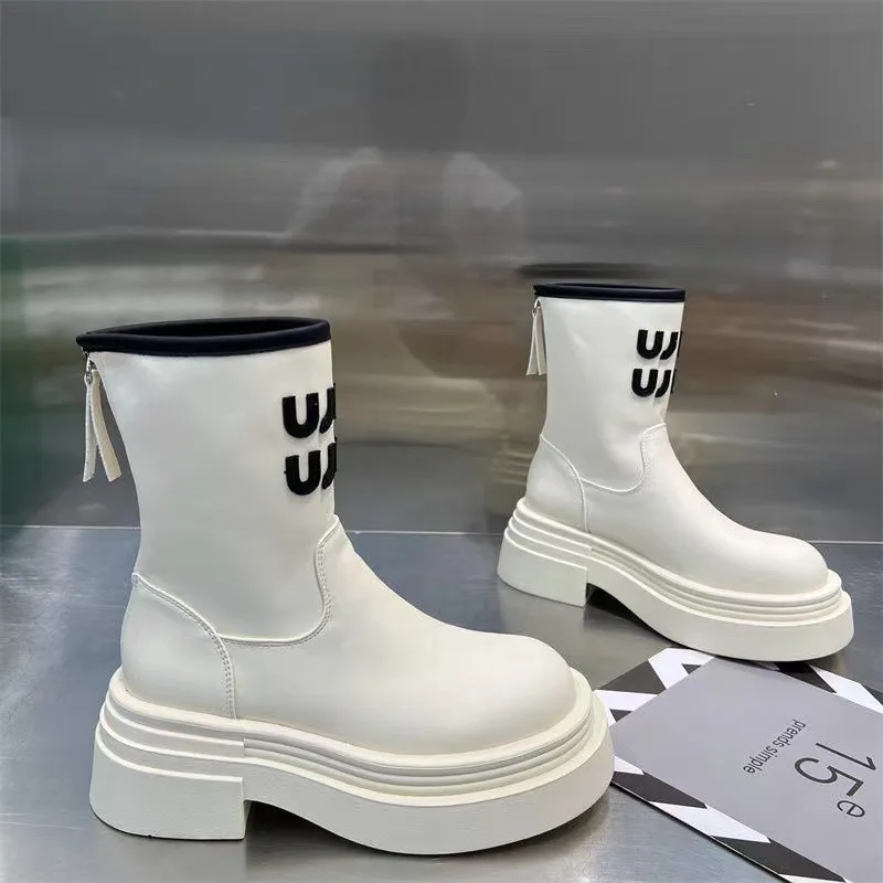 2024 Autumn and Winter New Women's Thick-soled Mid-calf Elastic Letter Decorated Round Toe Back Zipper Fashion Boots