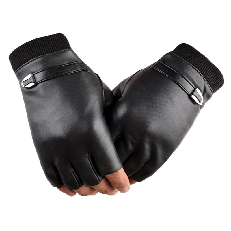 Guantes sin dedos de cuero de gamuza para hombre, guantes elásticos de medio dedo, mitones de bicicleta al aire libre, guantes cálidos de invierno para conducir, negro y gris